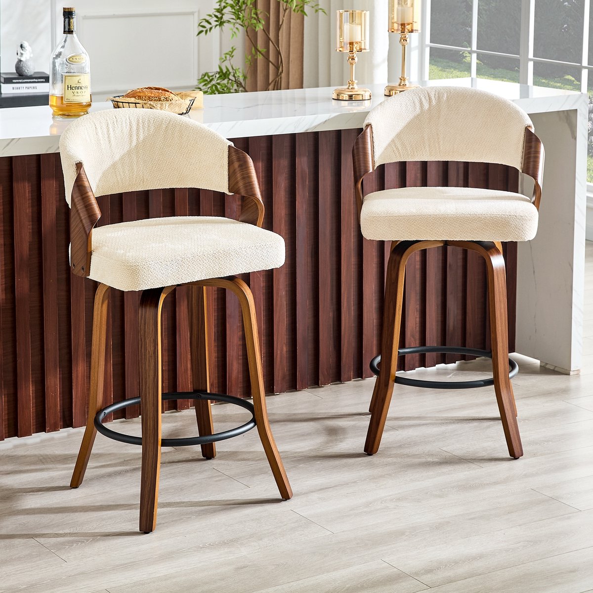 KOMHTOM - Set van 2 barkrukken - Rugleuning - Houten frame - Linnen bekleding - Hoogte 95 cm - Alleen krukken (zonder tafel)