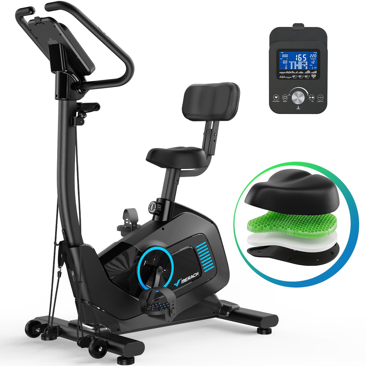 MERACH Hometrainer Fiets met Rugleuning - Ergometer - 16-traps Automatische Weerstand - Bluetooth & App - Inclusief 2 Weerstandsbanden