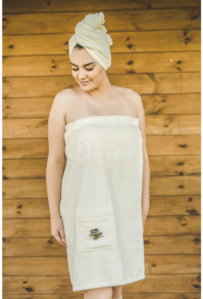 Sauna Handdoek Dames 100% Katoen - Sauna Handdoekjurk met Verstelbare Sluiting - Vochtabsorberend - Sauna Kilt - 75x150 cm - Crème