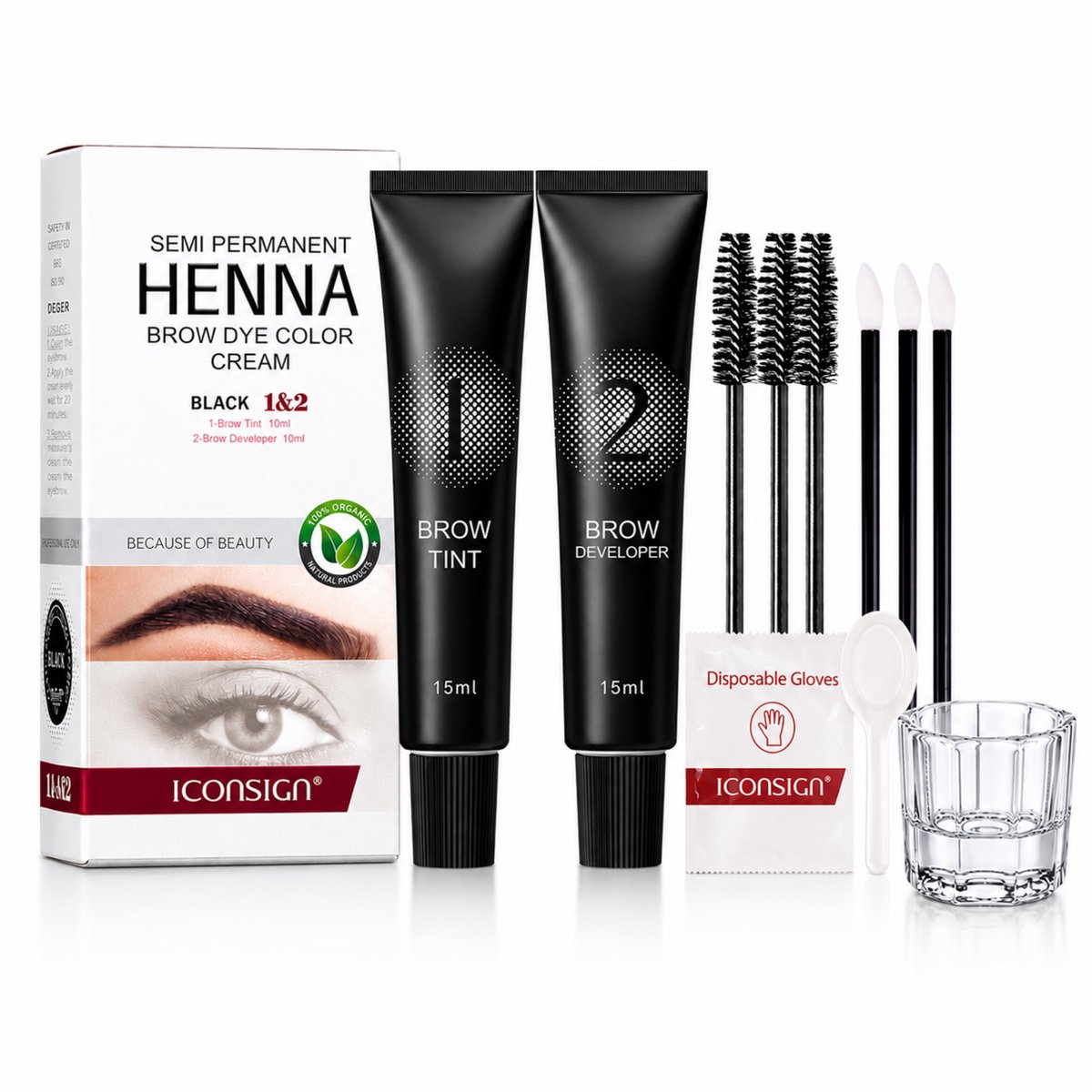 Henna Semi Permanente - Brow Dye Color Cream - 15ml - Zwart + Glazen Dappendish