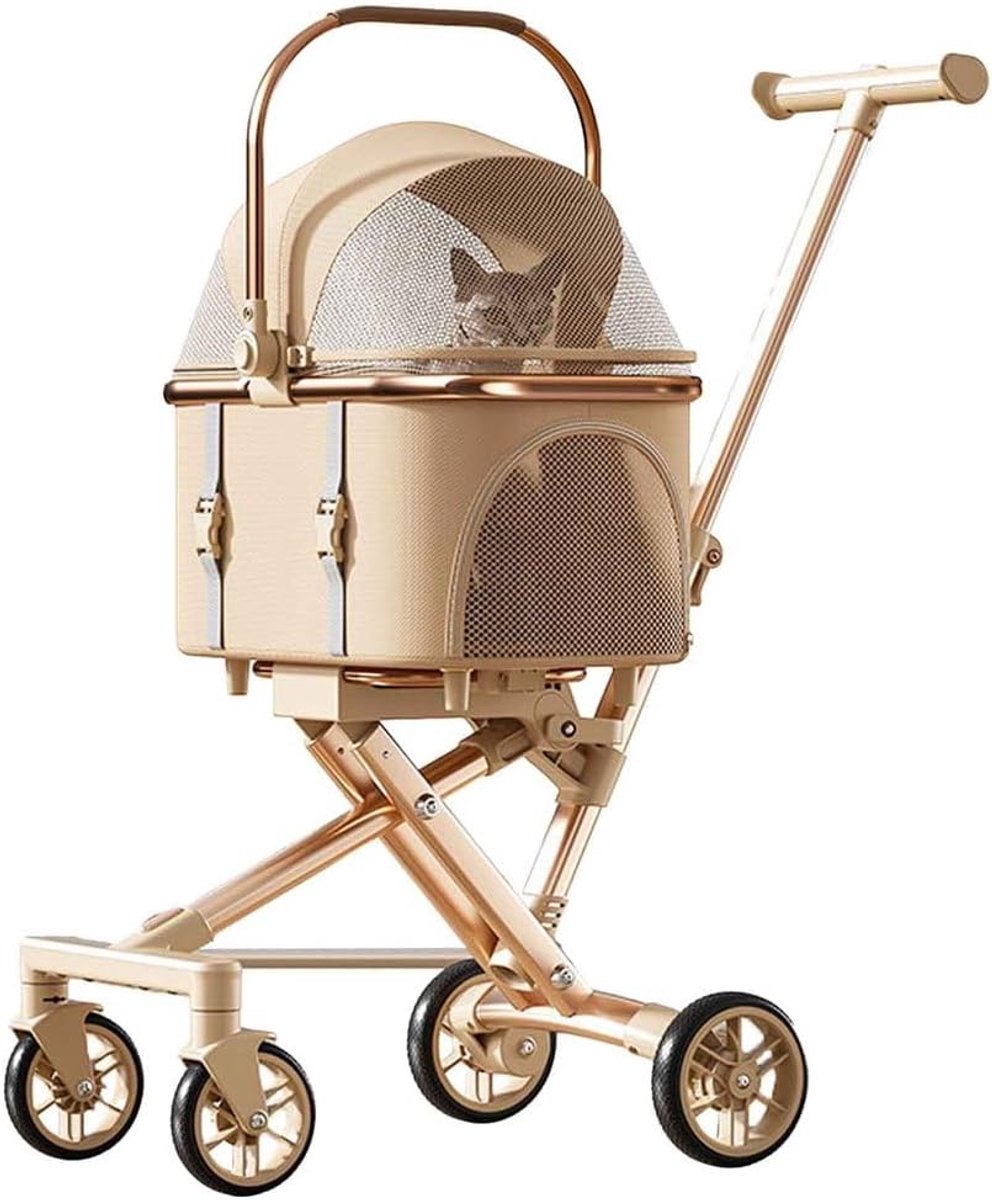 Huisdierenbuggy Opvouwbaar - Dierenwagen Reiswieg - Comfortabel Vervoer - 3-In-1 Functionaliteit - 64 x 45 x 91 cm - Khaki
