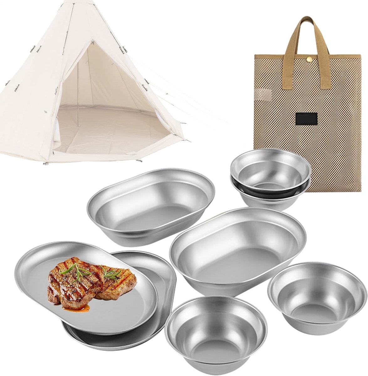 Serviesset Roestvrij Staal - Camping Borden - Outdoor Eten - Stapelbaar en Lichtgewicht - 8-delige Set - Zilverkleurig