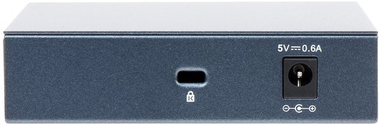 Zijkant van een grijze netwerkswitch met een USB-C poort en een 5V 0.6A stroomaansluiting.