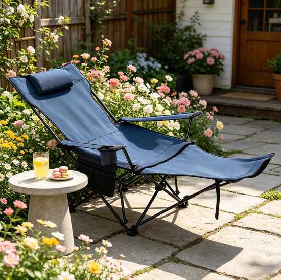 Campingstoel - Opvouwbare Relaxstoel Met Verstelbare Rugleuning En Uittrekbare Voetsteun - Voor Camping, Strand En Vissen - Staal Blauw — afbeelding 5
