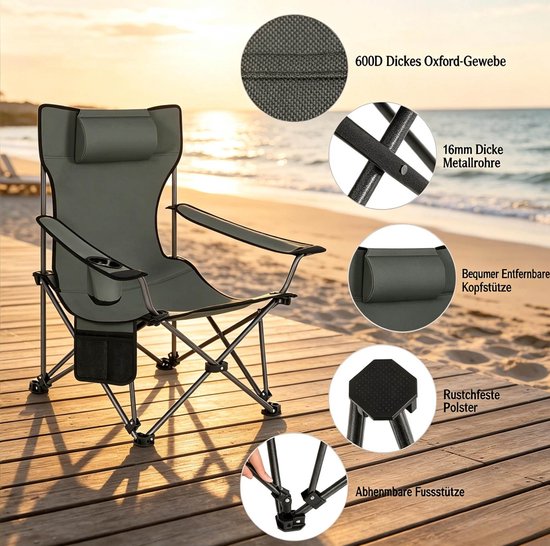Campingstoel - Relaxstoel Met Verstelbare Rugleuning En Uitschuifbare Voetsteun - Voor Camping, Strand En Tuin - Staal Grijs — afbeelding 4