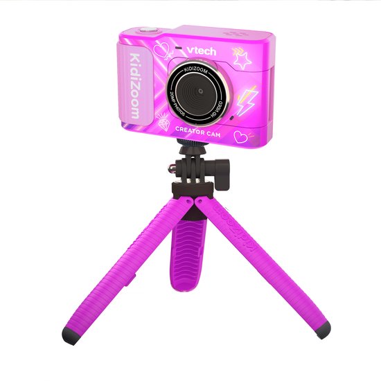 Roze VTech KidiZoom Creator Cam speelgoedcamera met statief. De camera heeft een Kidizoom logo, 20MP PHOTOS, HD VIDEO.
