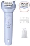 Lichtblauwe Philips epilator met Opti-light, ProGuide opzetstuk, extra scheerkop en draagtasje