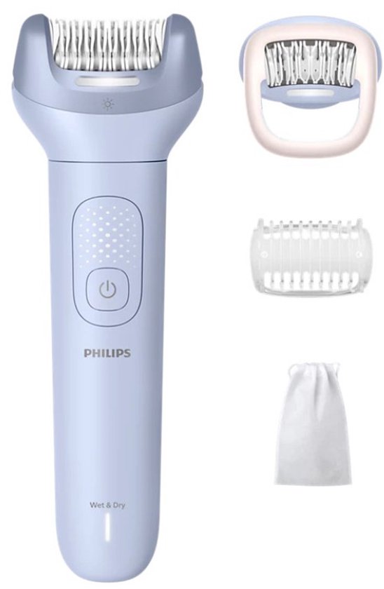Lichtblauwe Philips epilator met Opti-light, ProGuide opzetstuk, extra scheerkop en draagtasje