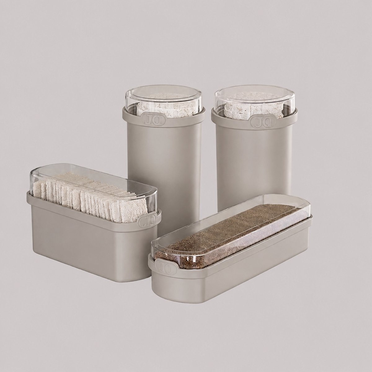JQ Liv Voordeelset 4 Delig Beige/Taupe inclusief 2x Beschuit/Rijstwafel bewaarbus, Ontbijtkoek bewaardoos en Cracker bewaardoos - 100% luchtdicht