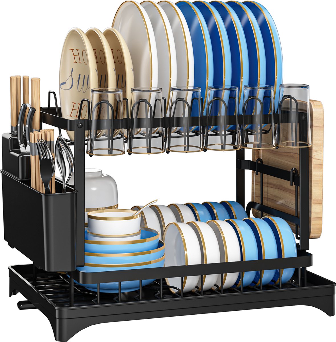 AIMASON Tweelaags afdruiprek van zwart roestvrij staal – 42 cm L × 30 cm B × 29 cm H – Makkelijk te monteren – Sterk draagvermogen – Uitgerust met wateropvangbak, mes- en eetstokjeshouder en snijplankhouder