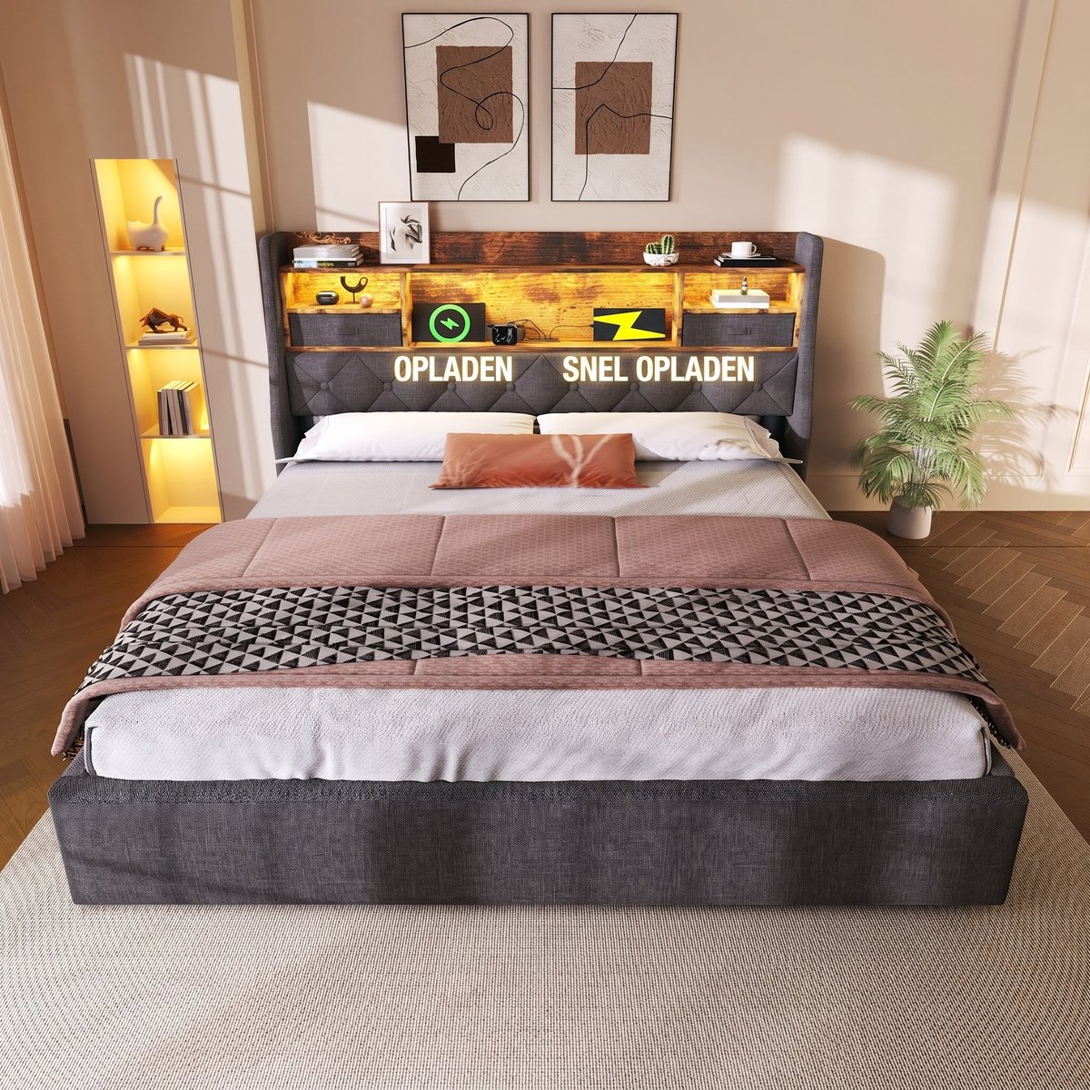 VVBV Bed met opbergruimte 180x200 / Tweepersoonsbed 180x200 – met Hydraulische Opbergruimte, Lades, LED-Verlichting, USB, USB-C – Hoofdbord – Linnen, Grijs Gray