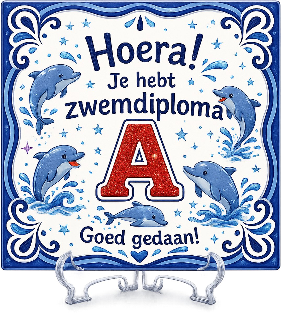 Spreuktegeltje, Tegeltje met tekst: Hoera Diploma A - Zwemdiploma - Diploma A - Afzwemmen - Tegeltje delfts blauwe Styll -Cadeau - Tegeltje met tekst - Tekst tegeltje - XLX®