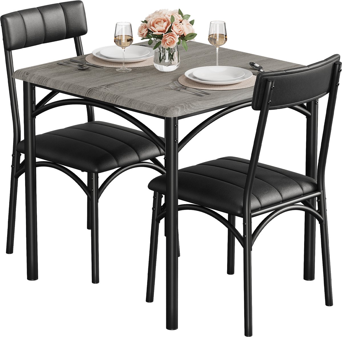 Eettafel Stoel Set 3-delig - 74 x 74 x 76 cm - Compact Ruimtebesparend Metalen Frame - Met 2 Beklede Stoelen - Kleine Eettafel voor Keuken of Eetkamer - voor Kleine Ruimtes - Grijs