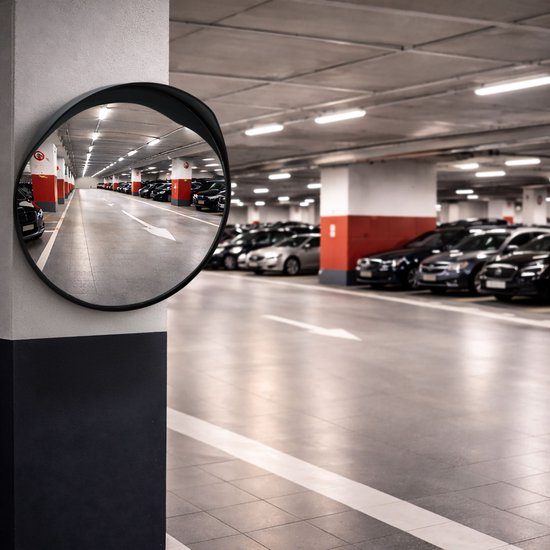 Miroir rond monté sur un pilier en béton dans un parking. Le miroir reflète les allées avec des voitures garées.