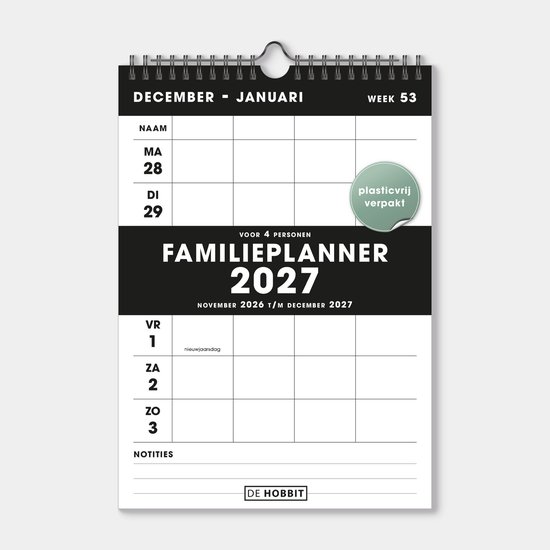 Familieplanner 2027 voor 4 personen van De Hobbit. Zwart-wit, spiraalgebonden, A4 formaat. Plasticvrij verpakt.