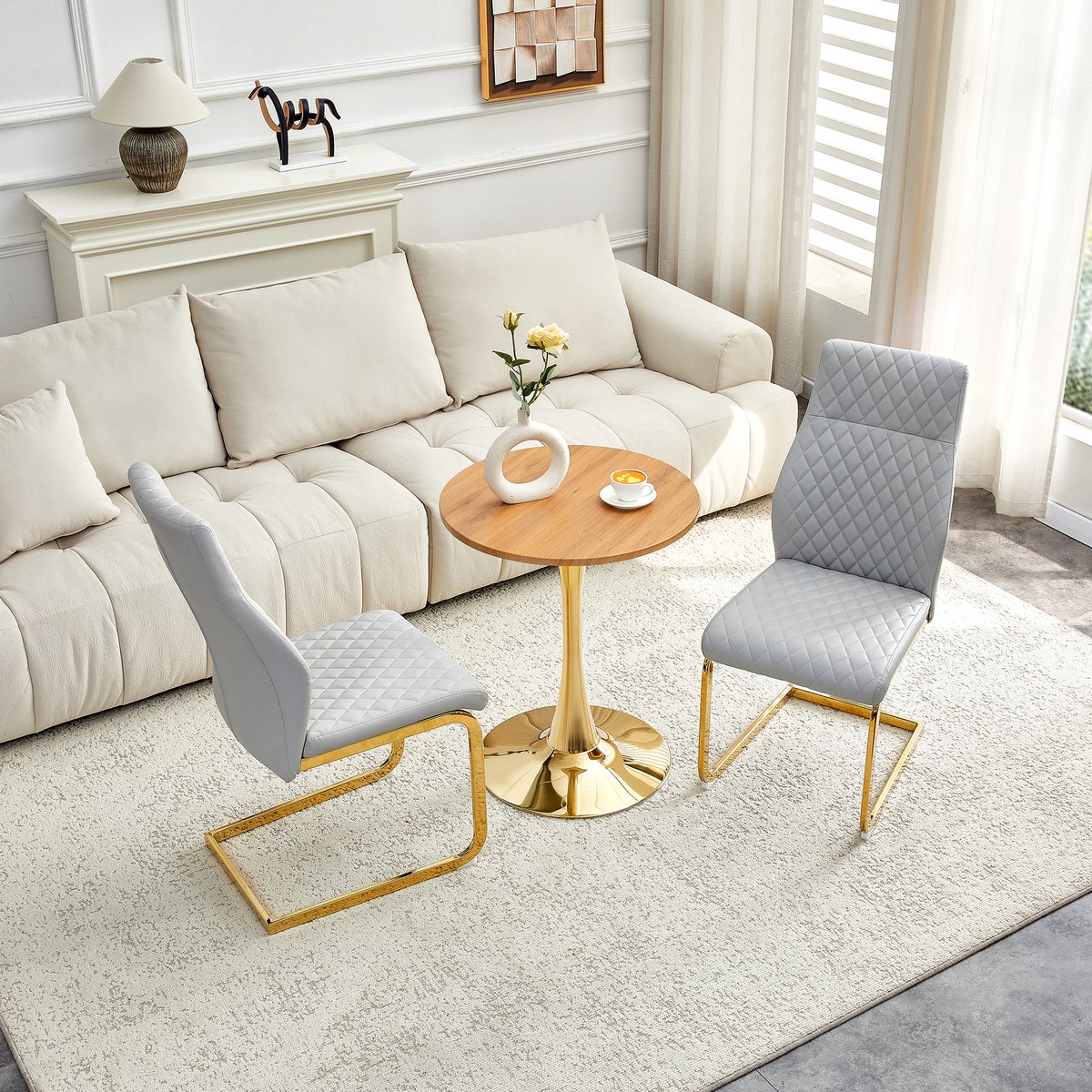 OKWISH Eethoek Set 60 Cm - Ronde Tafel Met 2 Stoelen - Voor Eethooek Of Koffiehoek - MDF, Metaal En PU-Leer - Goud Lichtgrijs Goud, Lichtgrijs, Houtkleur