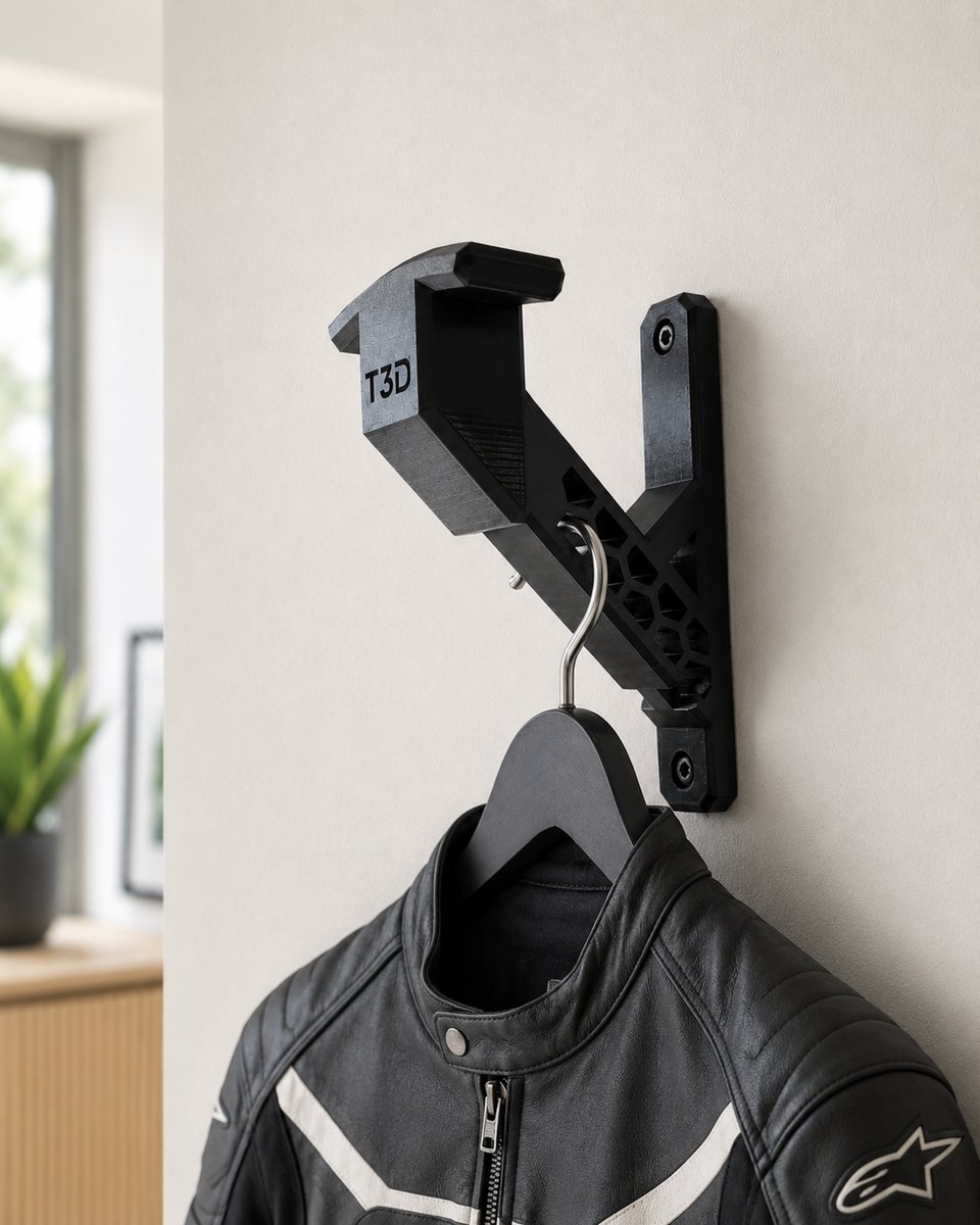 T3D Motorhelm Ophangsysteem - Helmhouder Muur Geschikt voor Kledinghanger - Wandhaak voor Motorpak - Zwart