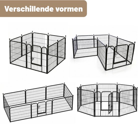 Verschillende vormen van een zwarte metalen puppyren: vierkant, rechthoekig en achthoekig.