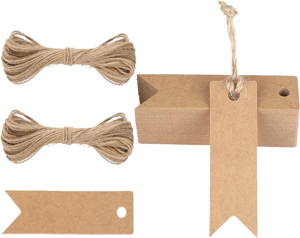 100 Stuks Kraft Papieren Labels 7x2 cm Cadeau Hanger Labels met Jute Touw 30m - Perfect voor Verpakkingen en Decoratie