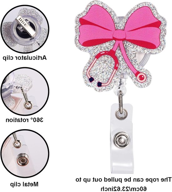 Prachtige Roze Strik ID Badge Houder voor Verpleegkundigen met 360° Rotatie en Retractable Clip - Perfecte Cadeaus voor Zorgverleners en Leraren — afbeelding 2