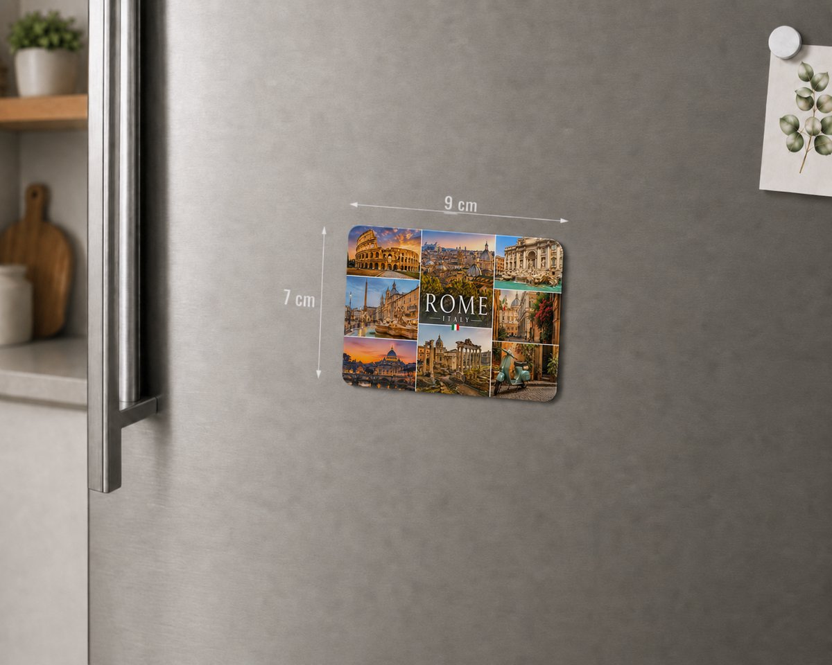 Rome Italië Koelkastmagneet – Souvenir Magneet met Collage van Colosseum, Trevifontein en Vespa – Decoratieve Reismagneet