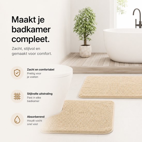 BOTC Badmat - Set van 2-delig - 43x61/51x76cm - Badmat Antislip - Badkamer mat - Creme wit