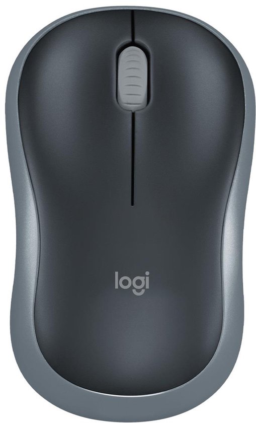 Bovenkant van een antracietgrijze Logitech M185 muis met grijze rand en scrollwiel.