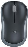 Bovenkant van een antracietgrijze Logitech M185 muis met grijze rand en scrollwiel.