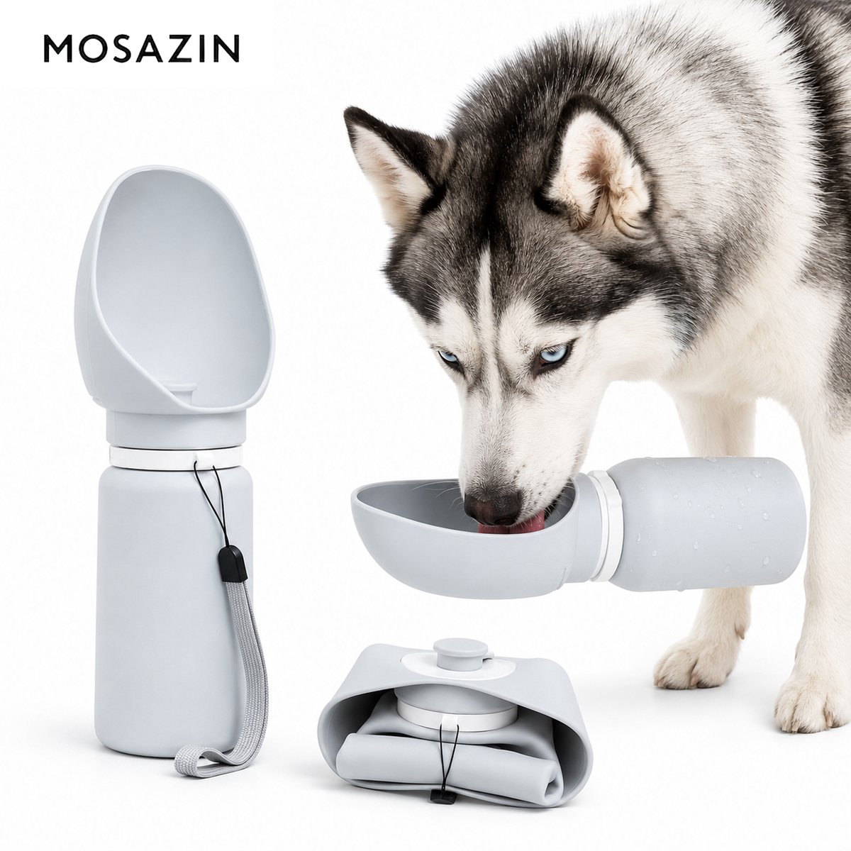 MOSAZIN Hondenwaterfles - Opvouwbare – Draagbare Drinkfles voor Honden – Lekvrij met Drinkbak – Voor Wandelen en Reizen – Grijs