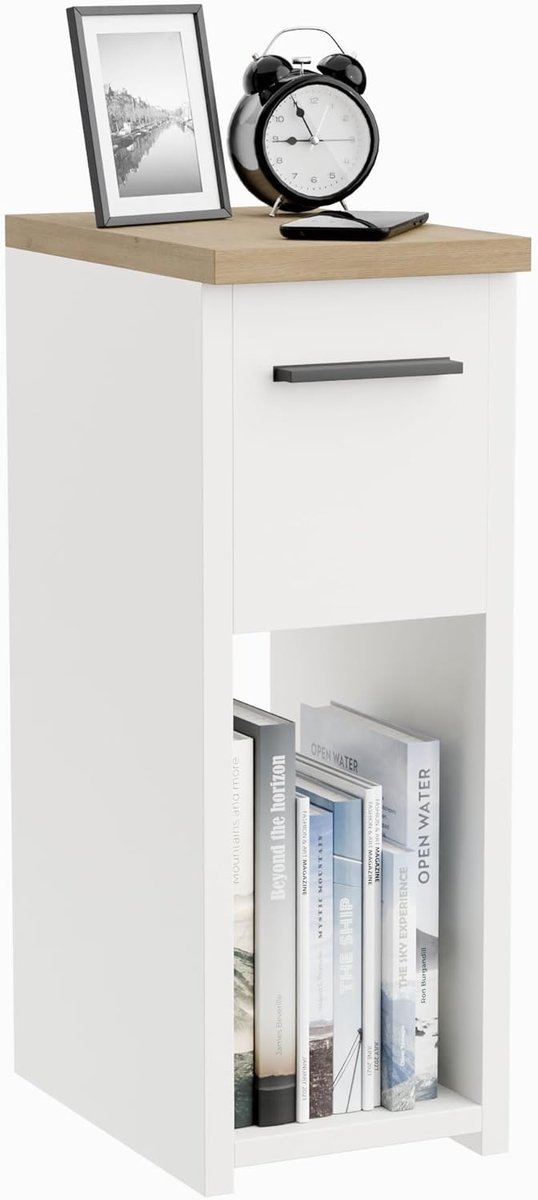 Famanu Smal nachtkastje met 1 lade en 1 compartiment, bijzettafel voor slaapkamer en woonkamer, wit/eik, 20x55x30,5 cm