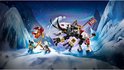 LEGO NINJAGO draak met drie NINJAGO figuren op een ijzige achtergrond.