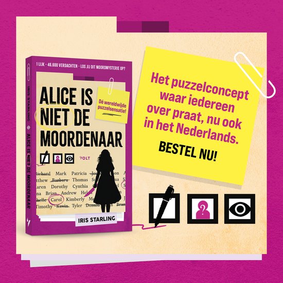 Livre intitulé 'Alice is niet de moordenaar' avec la silhouette noire d'une femme tenant un couteau.