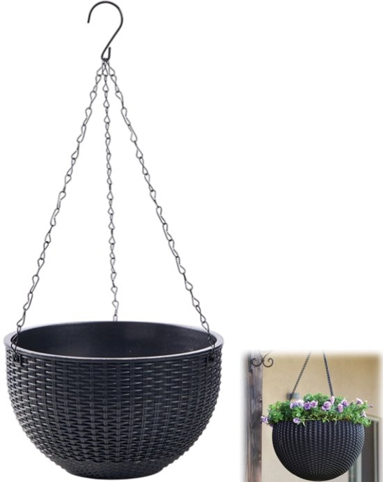 Hangende bloempot - Hangende plantenmand - Hangende pot voor pothos - Spinnenbloempot - Woondecoratie - Geschikt voor huis, tuin en terras - Zwart - 16,5 x 11 cm - Ophangketting 38 cm