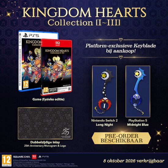PlayStation 5 en Nintendo Switch gamecovers KINGDOM HEARTS Collection II~III. Inclusief Keyblade-bonus en inlays.