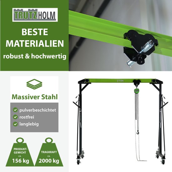 Detail van de groene 2 tons portaalkraan. 'Beste Materialien' (beste materialen), 'Massiver Stahl' (massief staal), gepoedercoat, roestvrij, duurzaam. Draagvermogen 2000 kg.