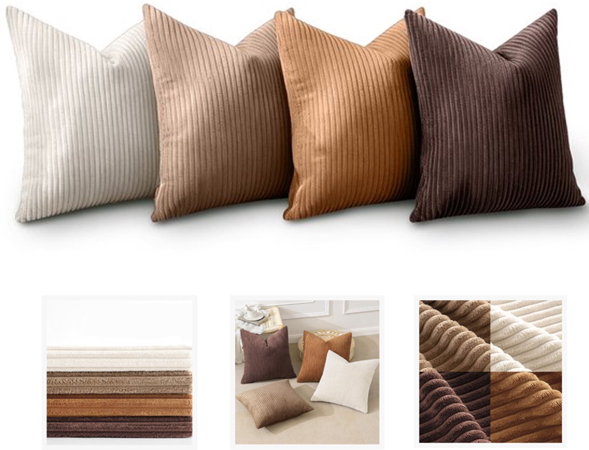 VHV Sierkussenhoezen - Kussenslopen - Gestreepte kussenhoes - Kussenhoezen set van 4 - Sierkussenhoes 45x45 cm - Ribfluweel - Corduroy - Voor bank en woonkamer - Herfst decoratie - Koffiekleurige combinatie