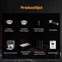 Productoverzicht van een zwart espressotoestel met toebehoren: filterdragers, tamper, lekbak, waterreservoir en handleiding.