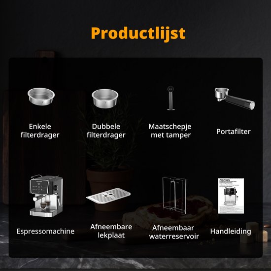 Productoverzicht van een zwart espressotoestel met toebehoren: filterdragers, tamper, lekbak, waterreservoir en handleiding.