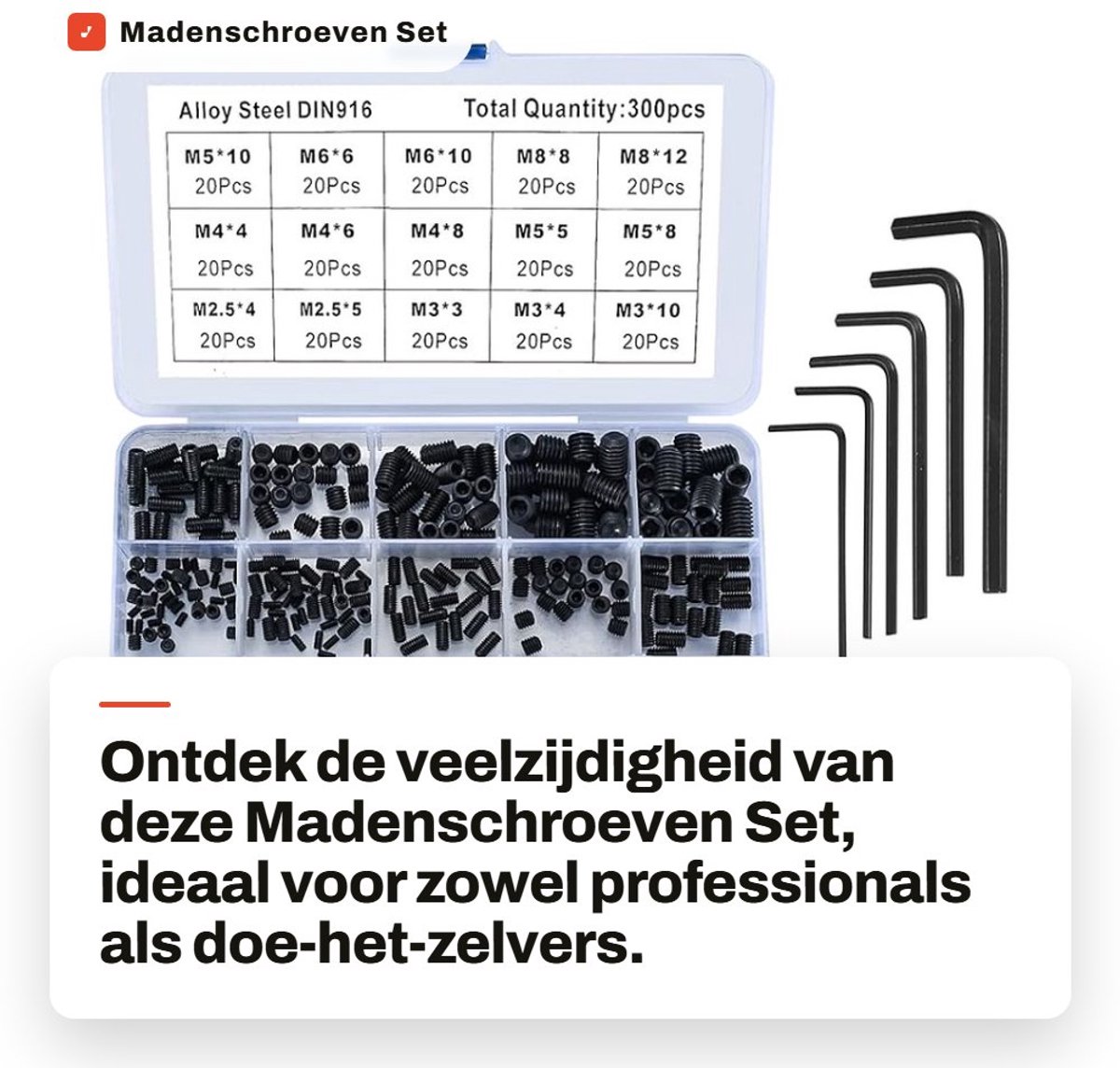 Dailygoods- Madenschroeven Set van 300 Stuks - Inbusschroeven - Roestvrij Staal - Assortiment M2.5/M3/M4/M5/M6/M8 - Zeskantschroeven - Plastic Doos - Schroeven