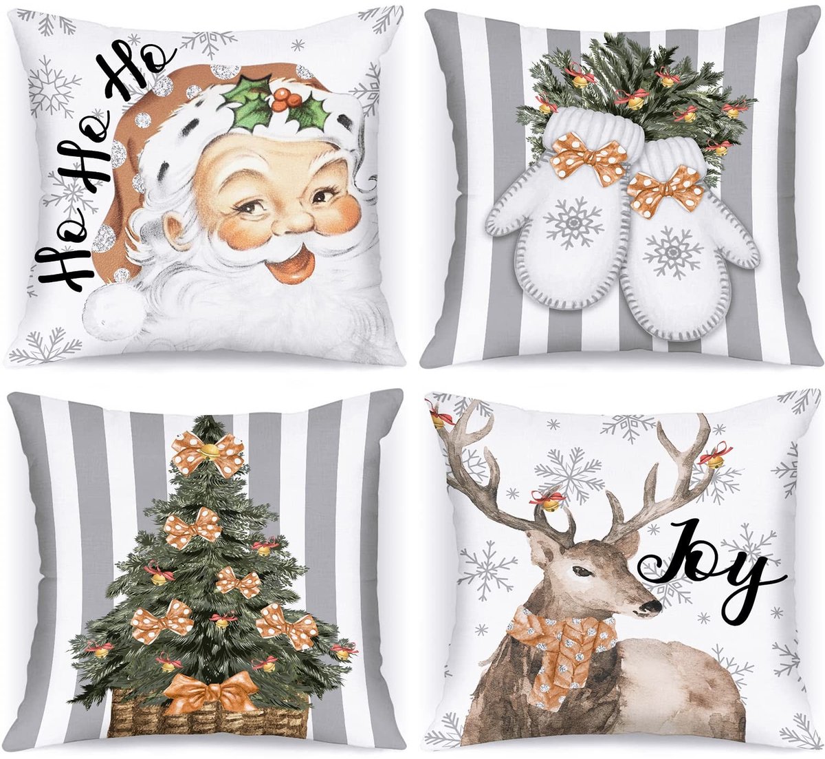 Dailygoods- Kussenslopen Set van 4 - Vintage Kerst - Grijs/Wit - 40x40 cm - Duurzaam Satijn - Kind- en Huisdiervriendelijk - Kussenhoezen