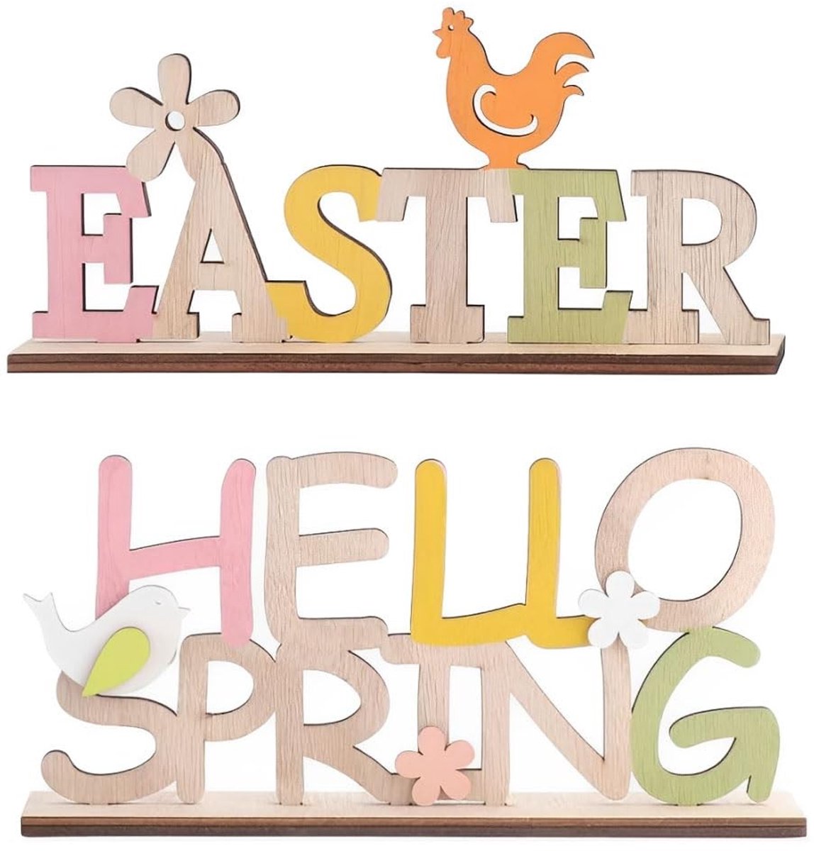 Dailygoods- Houten Opschrift - Paasdecoratie - Lente Decoratie - Cartoon Konijn - 2 Stuks - Hoogwaardig Hout - 18,5 x 5 x 9 cm