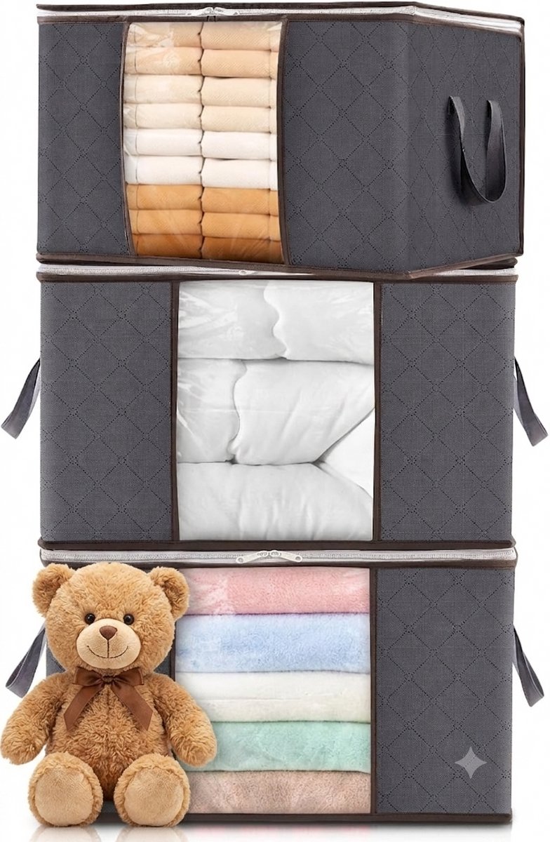 Livatto Opbergtas Kleding 60L, Opvouwbare Opbergbox, Set van 3 - Grote Verhuisdozen met Deksel voor Dekens, Speelgoed, Textiel - Grijs
