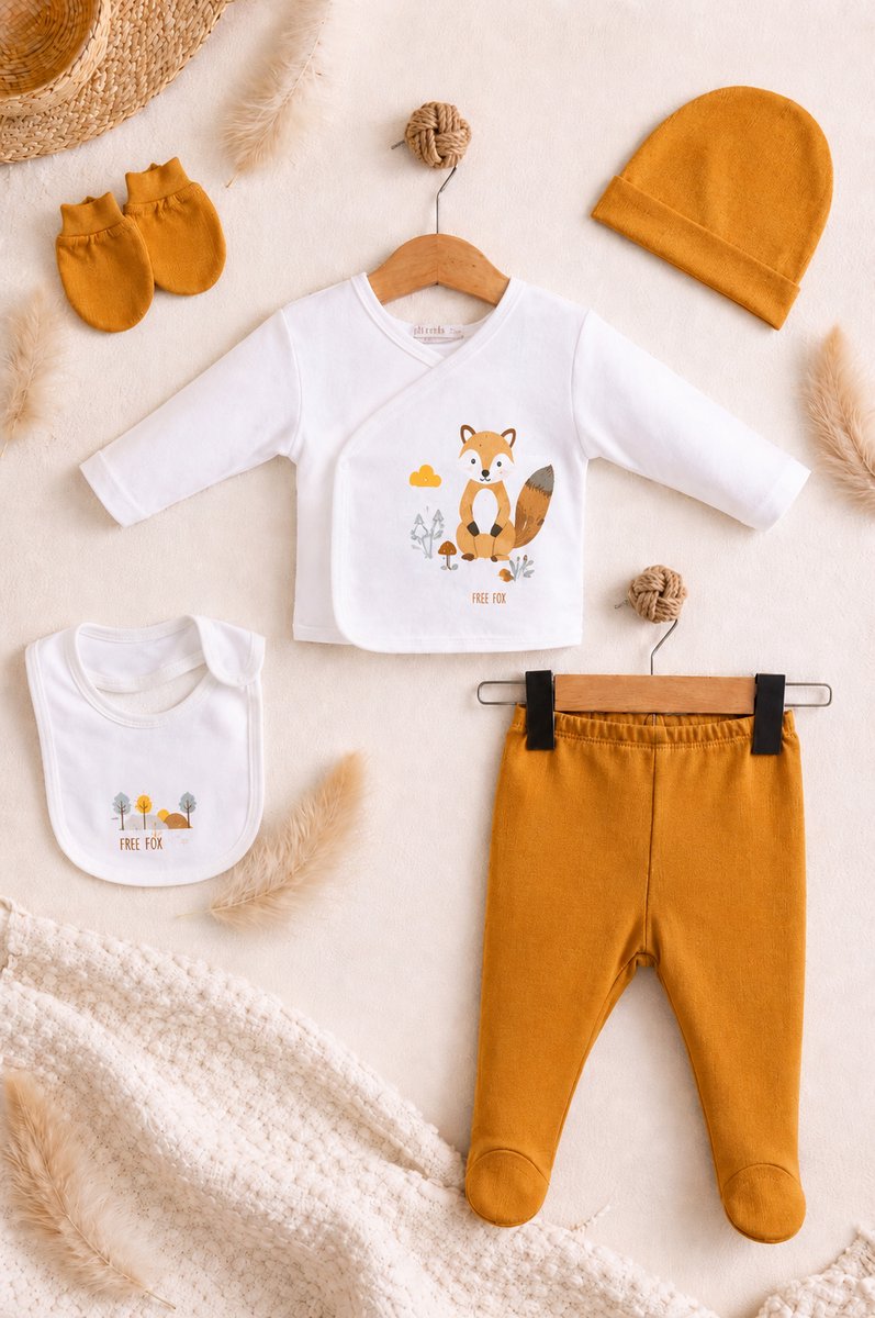 Blijeitje -Babykleding Set 5-Delig Unisex Geel/Wit – Newborn Baby Kleding met Vosje – Muts, Broekje, Slabbetje & Handschoentjes – 100% Katoen – 0-3 Maanden