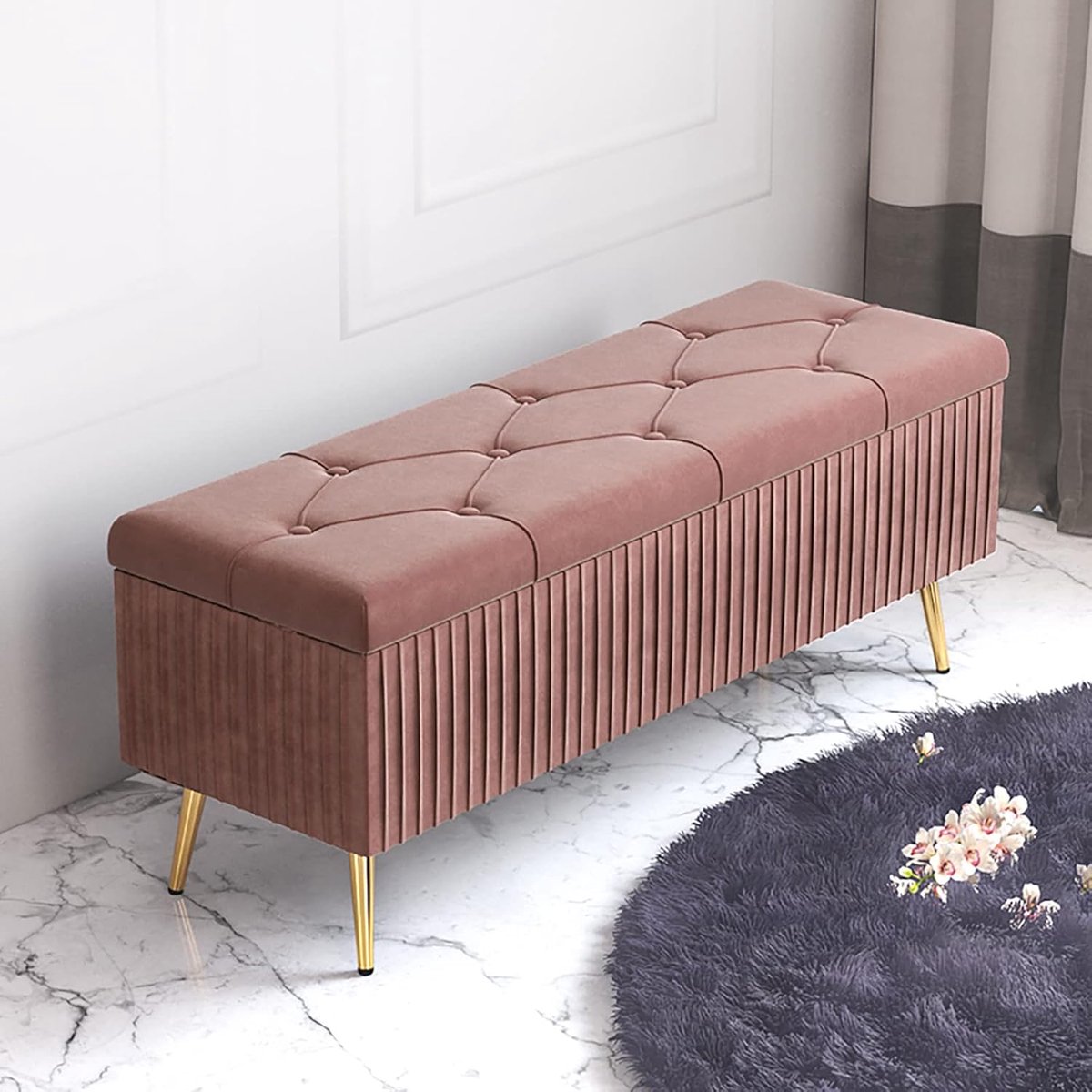 Opbergbank Fluweel - Ottomaanse kruk - Schoenen aantrekken - Zachte sluiting - 90x40x45cm - Roze