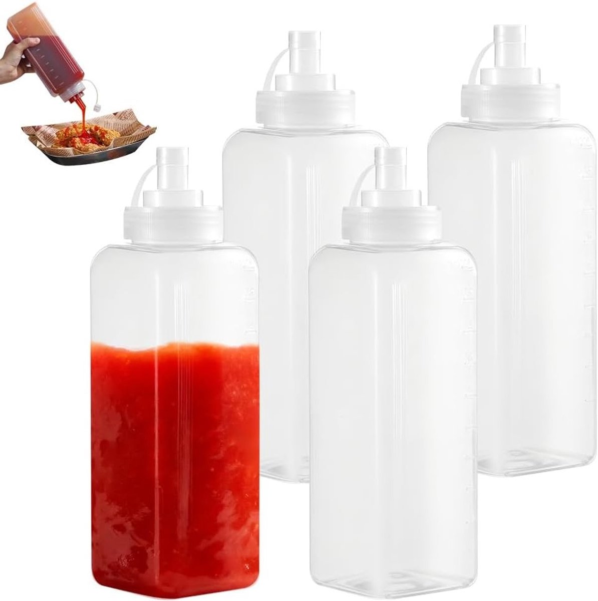 Extra squeeze flessen met deksel en spitse tuit - 1000 ml, set van 4 voor keuken en knutselen