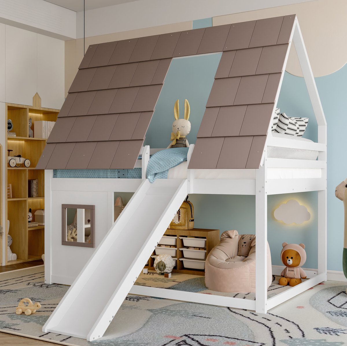 MEUNIQ hoogslaper huisbed 140 x 200 cm met dak, ladder en glijbaan, kinderkamerbed in bruin en wit met houten lattenbodem Wit + bruin