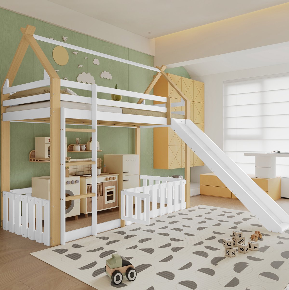 MEUNIQ Stapelbed 90x200 cm met dakvorm, glijbaan, 3-treeds ladder en omheinde ruimte onder het bed, kinderbed voor kinderkamer, wit en naturel White+Natural