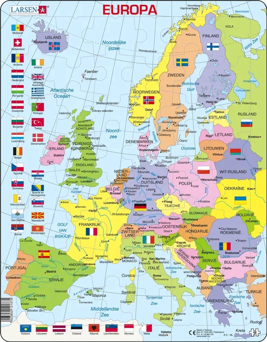 Larsen Europa Politieke Kaart – Puzzel – Europa – Landen en Vlaggen – Educatieve legpuzzel voor kinderen – 48 stukjes – Gemaakt in Noorwegen – Extra dikke 2,5 mm stukjes – Tray met vaste rand