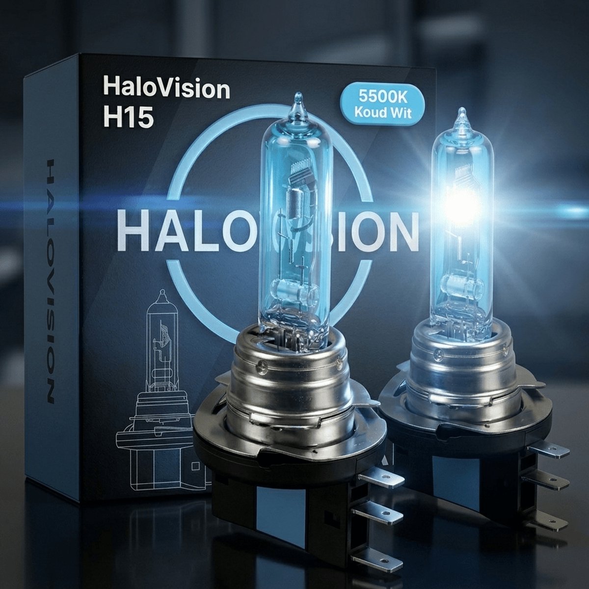 HaloVision Halogeen Koplampen H15 – 12V 3000Lm 5500K Koud Wit – Blauw Glas Super White Dimlicht Grootlicht Halogeenlampen Set van 2 Autolampen – foto 8