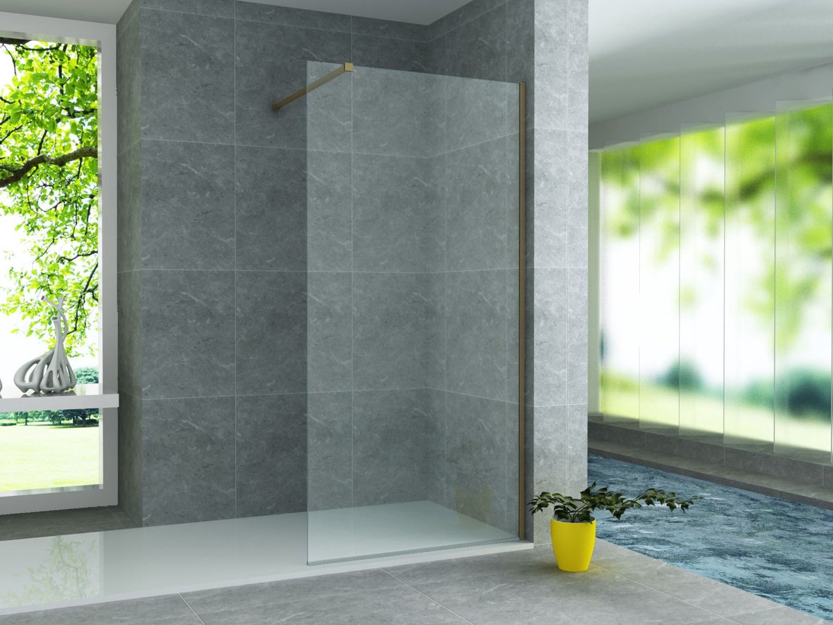 Zimmer Inloopdouche Douchewand 140 x 200 cm – Helder 8 mm Veiligheidsglas – Geborsteld Goud Profielset – Extra Breed Design – Antikalkcoating – Inclusief Stabilisatiearm – Luxe Walk-in Douche